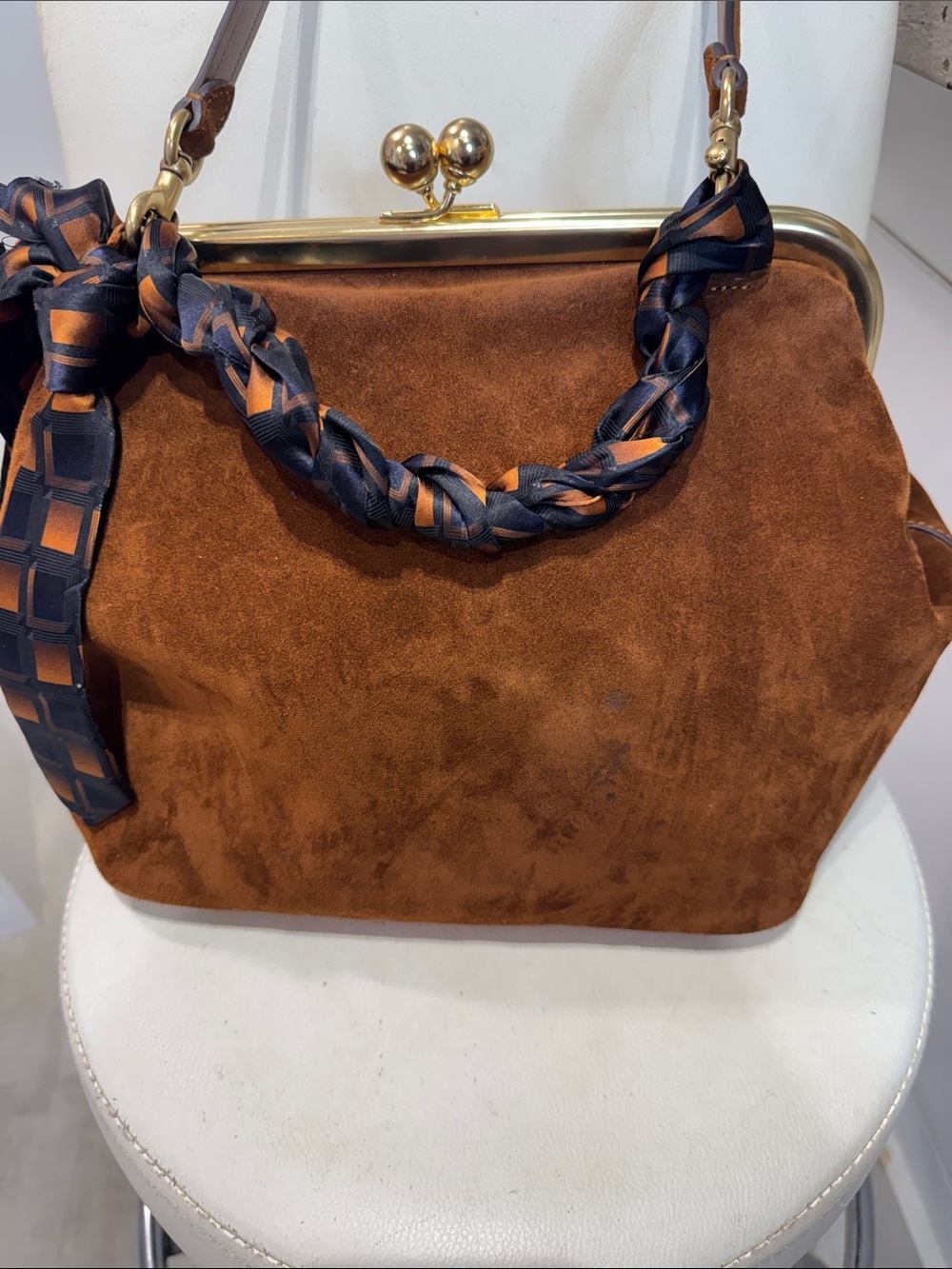 Coach Brown Suede Frame-Top Shoulder Bag with Scarf Accent